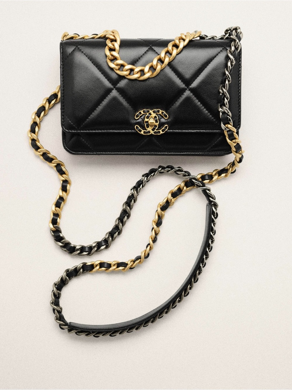 CHANEL 19 Wallet On A Chain Black Lambskin With Gold Hardware